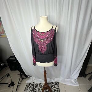 ✨ VENUS Black & Pink Boho Cold Shoulder Top | Size L ✨